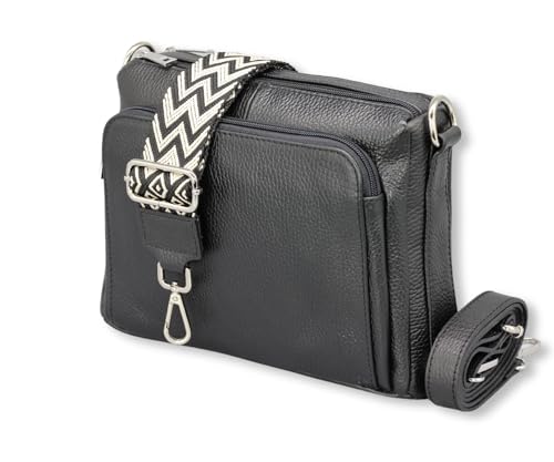 Adel Bags Umhängetasche Damen Echtes Leder Becky Handgemachte Crossbody Bag 5 Fächer Schultertasche mit Ledergurt + Breitem Gemustertem Riemen Verstellbarer Gurt Made in Italy (Schwarz)
