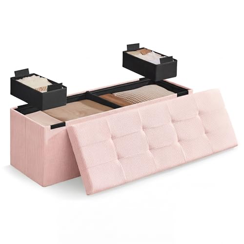 SONGMICS Home Ottoman with Storage, Removable Lid, Folding Storage Chest, Easy Assembly, for Entryway, Bedroom, Living Room, 15.2 x 43.2 x 15.2 Inches, Corduroy, Light Pink