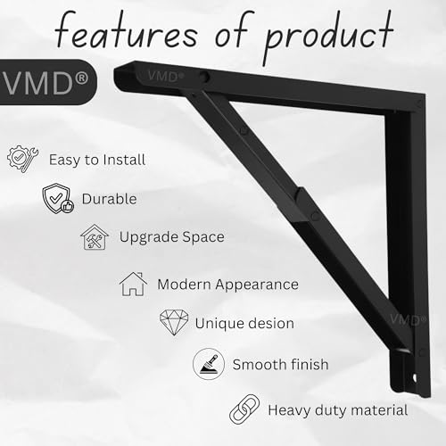 Image of VMD, Heavy Duty 24 inch (Black) Foldable Shelf Bracket, DIY Folding Shelves, l Bracket, Wall Brackets, Wall Angle Bracket, Folding Table Bracket with Fittings for fold Down Steel Table (Pack of 2)