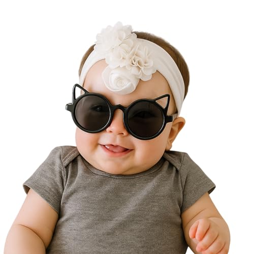 Image of SYGA Baby Rose Flower Stretchable Headband With Uv Protection Cat Type Sunglasses Stylish Combo For Toddlers And Kids (White, Black)