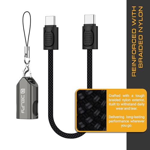 Delfy USB-C to USB-C Keychain Short Cable – 8 Inch Braided Emergency Charger with Zinc Alloy Metal Housing – Compact USB-C Cable for MacBook, iPhone 16 Pro Max, Android – Sleek Gift-Ready Design - Image 4