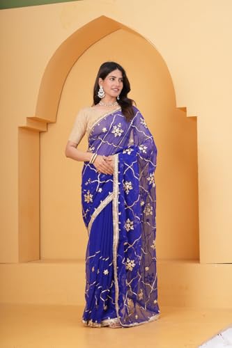 Image of Embroidered Net Saree with Blouse for Women | Royal Blue Saree with Floral Gota Patti Work | Festive Ethnic Saree | Traditional Ethnic Wear
