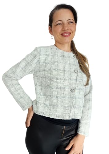 Casaqueto Feminino Casaco em Tweed Com Botões (BR, Alfa, GG, Regular, Regular, Off white/Cinza)