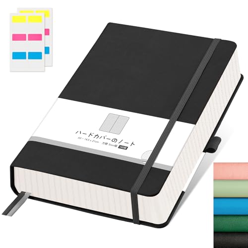 AHGXG 方眼ノート、100GSM 5mm方眼紙 160 枚、分厚いノート、ハードカバー、A5サイズ:横14.6cm× 縦21.3cm、自由帳 コラージュ 算数用 えにっき、日記帳、手作り絵本, ブラック