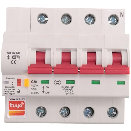 Harewtwy Disyuntor Inteligente Tuya 80A WiFi Disyuntor Inteligente Interruptor AutomáTico Sobrecarga ProteccióN Cortocircuitos (4P)