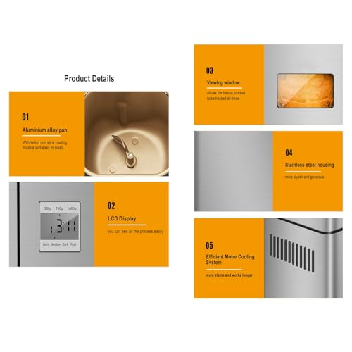 Vollautomatischer Brotbackautomat, Nussverteiler und Hefespender, 19 automatische Programme, 2LB Brotbackautomaten Edelstahl, auch für Marmelade/Konfitüre/Nudelteig, LCD-Display, Edelstahl, 15-Stunden – Bild 8