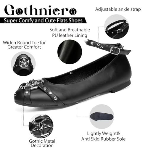 Gothniero Womens Black Flats with Metal Studs and Adjustable Strap Dressy Comfotable Cute Ballet Flats Goth Shoes for Women Dressy Flats Slip on Round Toe4
