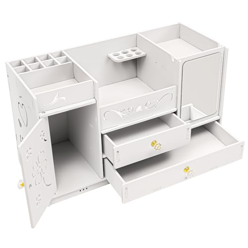 ACROSSPART Organizer per trucchi con cassetti, organizzatore multifunzione da toeletta, contenitore per gioielli, organizzatore cosmetico con specchio