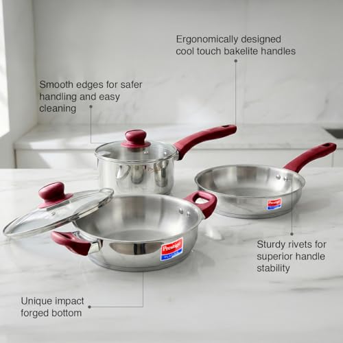 Prestige Stainless Steel 3 Pc Cookware Set with 2 Glass Lids | Platina Popular | Fry Pan 22cm/1.9L | Kadai 22cm/2.25L | Sauce Pan 16cm/1.5L | Gas &... - Image 6