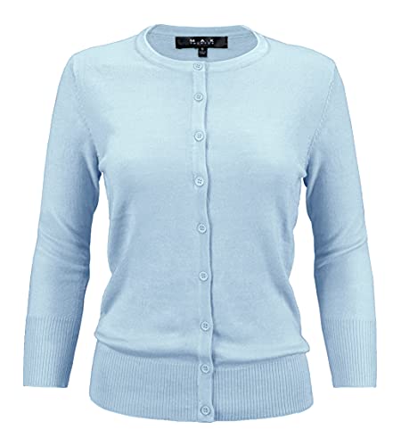 YEMAK Women's Knit Cardigan Sweater â€“ 3/4 Sleeve Crewneck Basic Classic Casual Button Down Soft Lightweight Knitted Top CO079-SBL-M Sky Blue