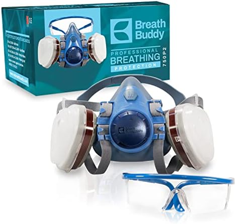 Breath Buddy Respirator Mask Kit (Plus Safety Glasses) | Reusable Professional Breathing Protection Against Dust, Pollen, Pesticides, and Organic Vapors | Includes Pair of Cartridges & Filters