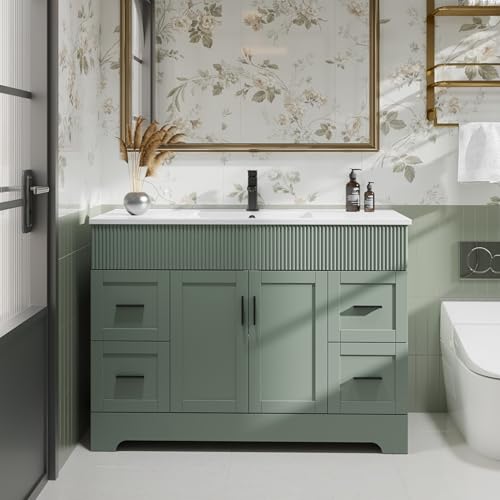 eclife 48' Bathroom Vanities Sink Combo with Painted Surface, Modern Drawered Cabinet W/Decorative Wave Lines, Undermount Single Sink, Matte Black Faucet Drain, Gray Green