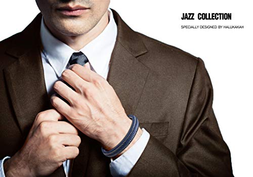 Halukakah ● Jazz ● Men's Genuine Blue Leather Bracelet Titanium Magnetic Clasp Size Adjustable 8.5"-9"(21.5-23Cm) With Free Giftbox(Jazz Blue) #TOP2