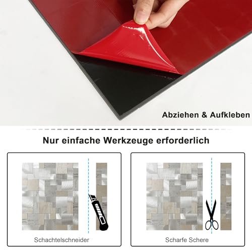 BeNice Self Adhesive Tiles for Kitchen Splashbacks,Stick-on Square Mosaic Stickers 3D Metal Wall Paneles(10sheets,Grey Slate)