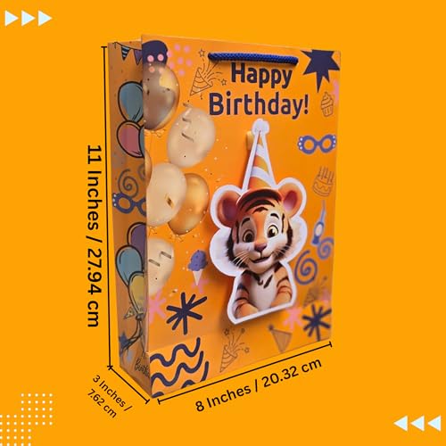 Image of TASCHE 3D Gift Bags for Return Gifts | Pop-Out Paper Bags for Kids Birthday, Baby Shower, Party Favors | 11x8x3 Inches (TIGER POP, Pack Of 40)