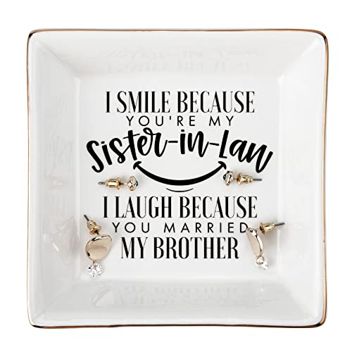 Product Image of the Sister In Law Gifts - Funny Sister In Law Birthday Gift, Engagement, Wedding, New Sister In Law, Sister In Law To Be - I Smile Because You're My Sister-In-Law - Jewelry Tray Trinket Dish Ring Plate