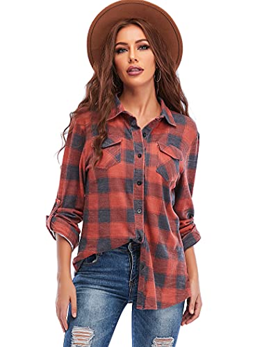 Chemise décontractée à carreaux pour femme en coton à manches longues