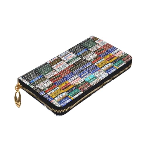 (License Plate) Faux Leather Wallet Long Clutch Zipper Purse Card Holder Travel Coins Cash Organizer Phone Pocket 7.48 x 4.13 x 0.9 inches3