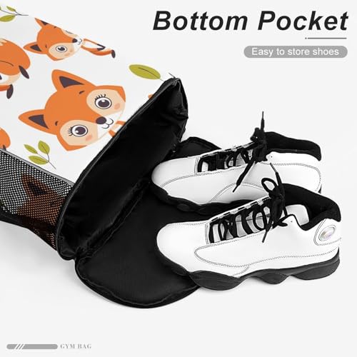 Drawstring Gym Backpack with Shoe Compartment And Wet Pocket, 28L Lightweight Waterproof Cartoon Fox Pattern Sports Backpack for Workout Swim Beach Travel String Bag for Men Women4