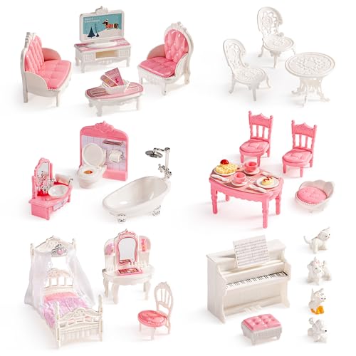 ROBOTIME 26PCS Dollhouse Furniture Set for Kids – Realistic Dollhouse Accessories with 5 Rooms: Living Room, Bedroom, Bathroom, Dining Room & Balcony, for Girls & Boys Ages 3+