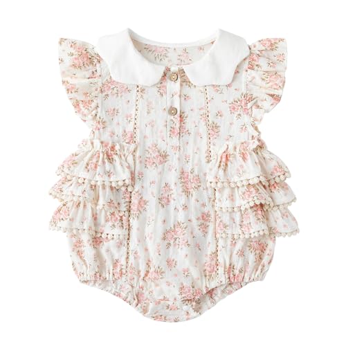Image of Simplee kids Baby Girl's Romper Floral Print Summer Onesie Peter Pan Collar Button Ruffled Edge Baby Girl Clothes