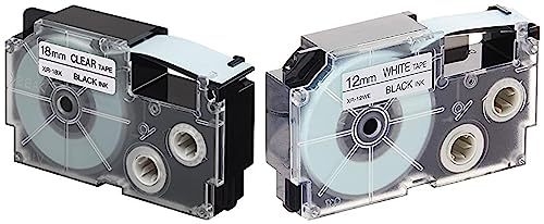 Image of Casio XR-18X1-W-DJ Label Printer Tape (Black and Clear) & Casio XR-12WE1 Label Printer Tape (Black and White)