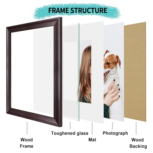 Image of iRahmen 11x14 Vintage Picture Frame with Mat 8x10 - High Definition Tempered Glass Wooden Photo Frames for Wall Mounting (Dark Brown, Set of 4)