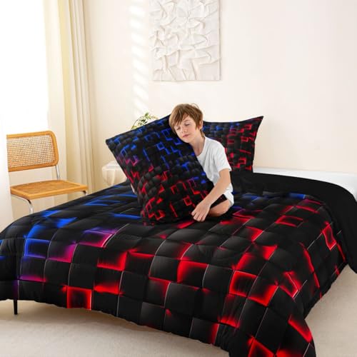 Image of Erosebridal Geometric Checkered Boys Bedding Set Full Size Neon Red Blue Comforter Set for Kids Teen Men Gamer Room Decor,Abstract Ombre Plaid Comforter Grids Quilt Duvet Black