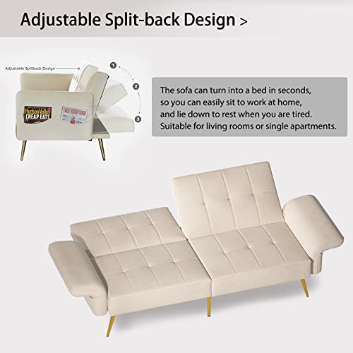Win Force White Velvet Futon Sofa Bed Couch, Modern Convertible Sleeper Sofa Loveseat With Adjustable Backrest And Storage Arms For Living Room #TOP5