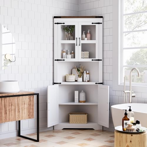 GAOMON Farmhouse Corner Cabinet, Tall Corner Storage with Glass Door & Adjustable Shelves, Bathroom Cabinet with Storage for Living Room, Kitchen, Bathroom, White