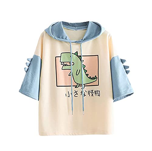 Doufine Blusa feminina de manga curta com estampa de letras, túnicas com capuz, Azul-celeste, XXG