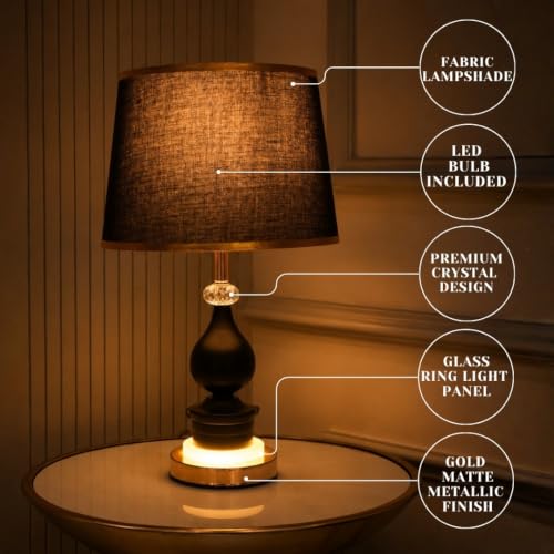 Image of Black and Gold Decorative Table Lamp with Crystal Glass & Fabric Shade | 48 cm Height, Inbuilt Base LED, Bulb Included