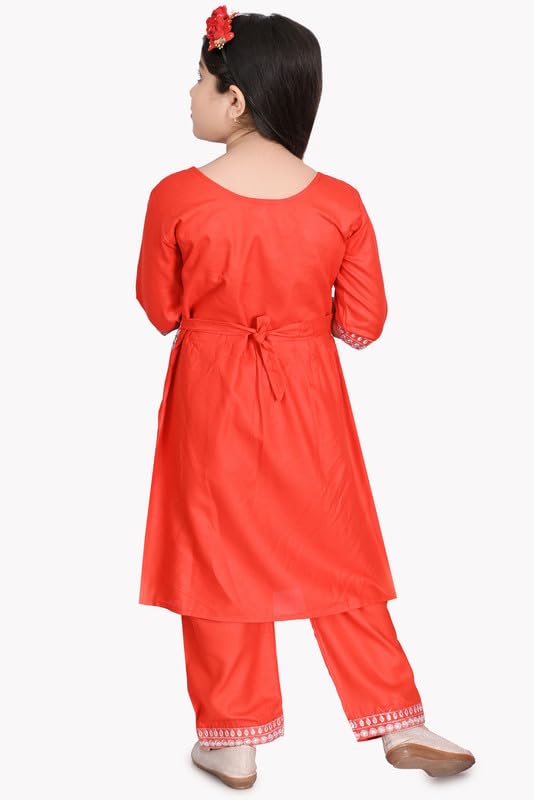Image of Girls Ethnic Cotton Kurta and Straight Pant Set with Silky Dupatta