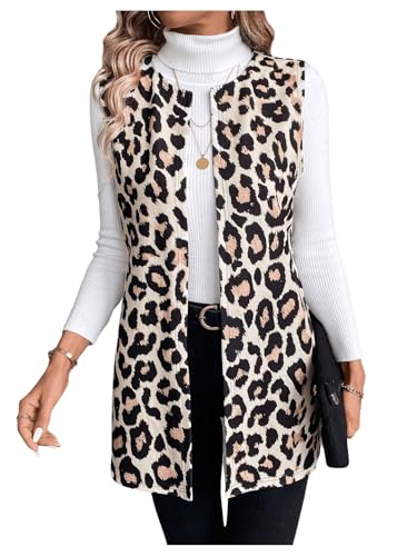MakeMeChic Women's Leopard Print Open Front Vest Outerwear Sleeveless Vintage Jacket Coat