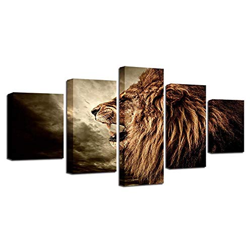Tableau lion rugissant en 5 panneaux pour décoration murale de salon