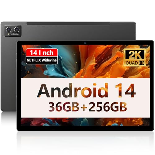 WITFOCUS 14 Inch Android 14 Tablet, 2K Display 36GB RAM 256GB ROM /1TB TF MT6769 Octa-Core, 11580mAh Battery 4 Speakers Support 5G WiFi/BT5.0/GPS Black