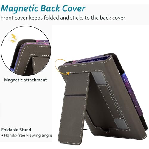 KEROM Case for 6.8" Kindle Paperwhite (11th Generation, 2021) and Signature Edition, Premium PU Leather Stand Cover Case with Hand Strap, Card Slot, and Auto Sleep Wake, Space Cat