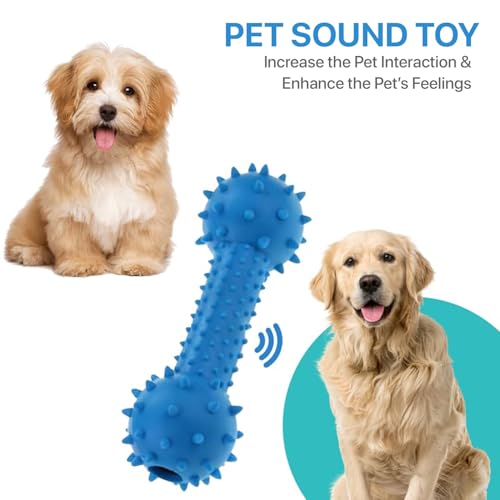 Image of Durable Chew Toy Dumbbell for Dogs and Cats - Durable Soft Natural Rubber Squeaky Spiky Dumbbell |Dental Teething Cleaning Chew Toy(Blue)