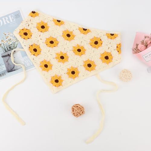 Image of DRESHOW Floral Crochet Hair Bandana 2 PCS Tie Knotted Daisy Headscarf Vintage Headband Knitted Head Kerchief for Women&Girls
