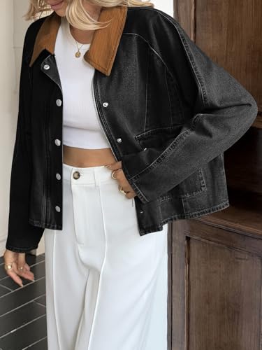 Cicy Bell Womens Cropped Denim Jackets Patchwork Corduroy Collar Barn Jean Jackets Snap Button Coat with Pockets3