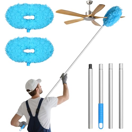 Image of Eunice 2 Dusters Heads Ceiling Fan Duster with Extension Pole - Adjustable and Removable Fan Cleaner Blade for High Ceiling, Window Door Furniture (Blue)