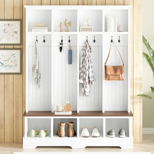 SOFTSEA Wide Hall Tree with Bench, Entryway Bench with 8 Hooks and Storage Shelves, Modern Hall Tree Entryway Coat Rack with Shoe Storage for Mudroom, Living Room, White