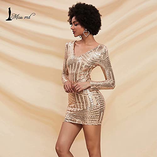 Miss ord Women's V-Neck Long Sleeve Sexy Mini Dress, Bodycon Sequin Summer Party Cocktail Dress Gold