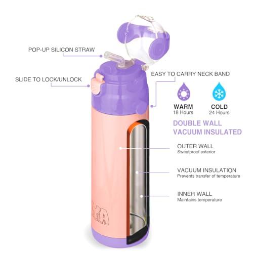 Image of CRYA Kidster Sipper 500ml Stainless Steel Water Bottle for Hot and Cold Beverages for Upto 24 Hours, BPA Free and Leakproof Thermosteel Double Walled Insulated Vacuum Thermos Flask (Blossom Pink)