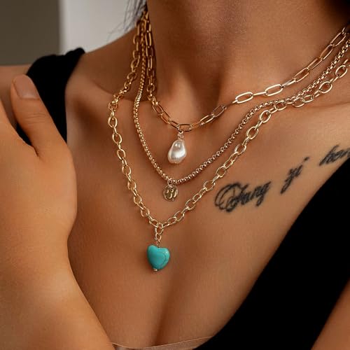 Gold Layered Necklaces Country Concert Outfits for Women Western Turquoise Pearl Necklace Boho Jewelry Cowboy Cowgirl Necklaces Vintage Bohemian Accessorie Christmas2