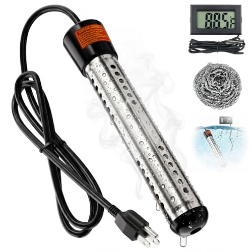Immersion Water Heater Electric 2000W Portable Submersible Water Heater with 304 S S Guard & LCD Thermometer Fast Heating Heats 5 Gallons in Minutes for Bucket Bathtub Small Pool Camping & RV