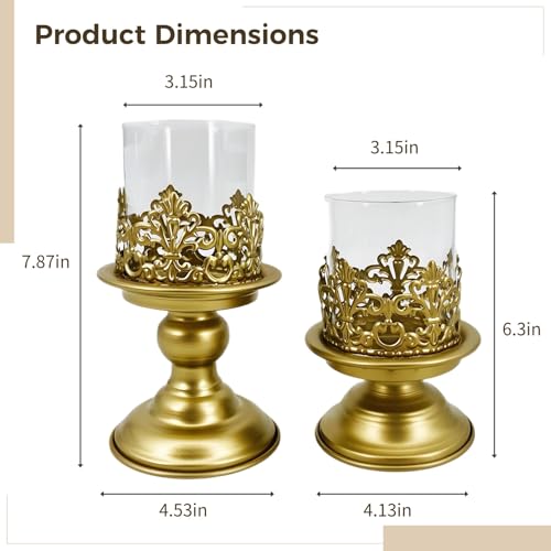 2 PCS Golden Candle Holders, Hurricane Candle Holder with Glass Cup, Candle Stand Table Centerpiece for Weddings and Events, Luxury Embossed - Image 4