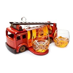 Firetruck Whiskey Decanter Set with Two 12 oz Glasses – Unique Firefighter Gift, Fireman Figurine, Chief, Fire Truck Barware Present, Whiskey Lover Decor, 600ml 13″ L 6″ H, Gifts for Dad, Him, Men