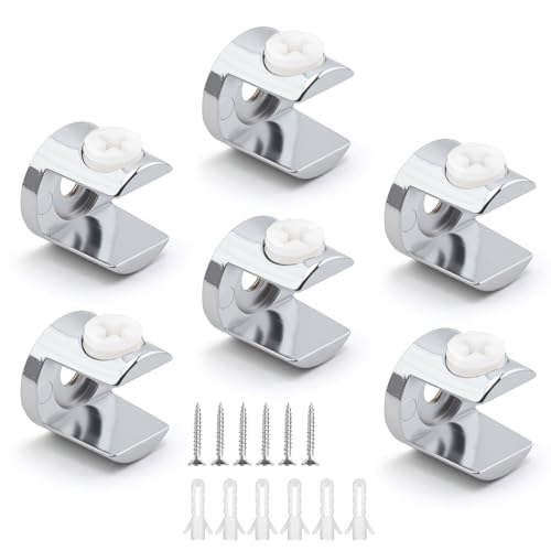 FINELYCR 6 Pièces Support Etagere Verre Cylindrique, Alliage de Zinc Clips de Fixation pour Vitre, Réglable Pince de Fixation pour Verre, Muraux Pinces à...