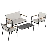 Outsunny Salon de Jardin 4 Pièces en Textilène, Canapé 2 Places, 2 Fauteuils, Table Basse avec Plateau en Métal, Ensemble de Mobilier de Jardin pour Balcon Terrasse, Crème
